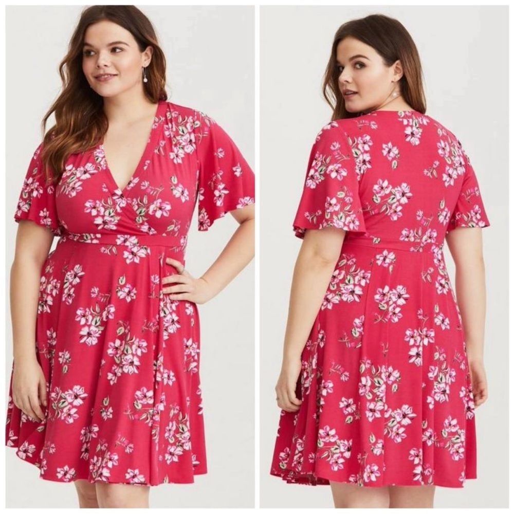Floral V-Neck A-Line Dress in Hot Pink